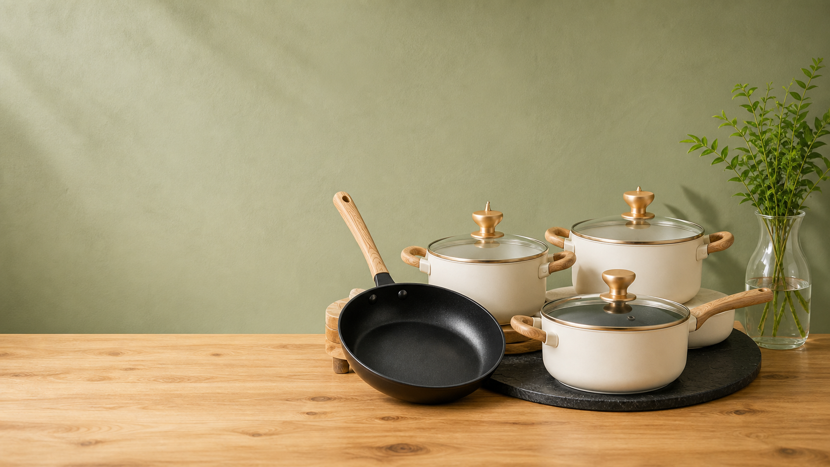 Cream aluminum non-stick cookware collection on a wooden counter